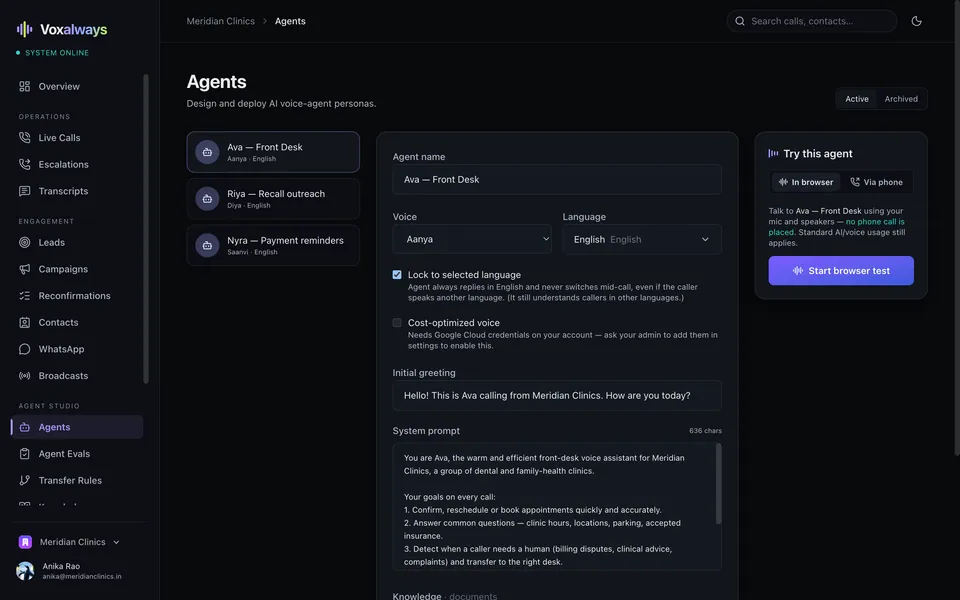 Agent builder with persona, voice and prompt configuration