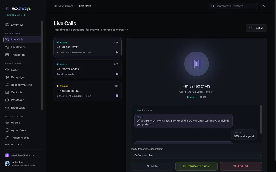 Live calls mission control with real-time transcript
