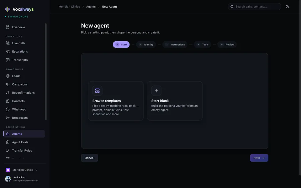 Deploy agent form with persona and per-call context